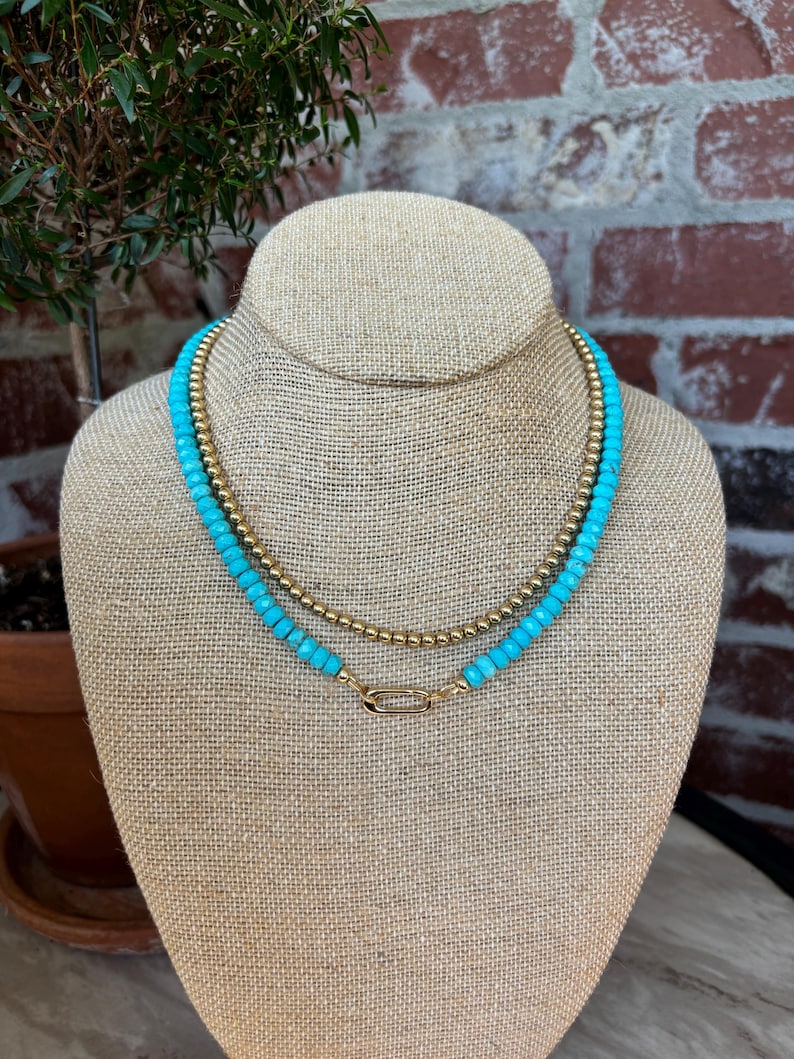Gemstone Necklace with Carabiner Clasp Gemstone Beaded Charm Necklace Turquoise Bead Necklace Moonstone Onyx Tigers Eye Labradorite Necklace immagine 7