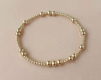 Thin Gold Bead Bracelet Stretch .925 Sterling Silver Bead Bracelet Dainty 14K Gold Filled Beaded Bracelet Mixed Metal Bead Bracelet Two Tone