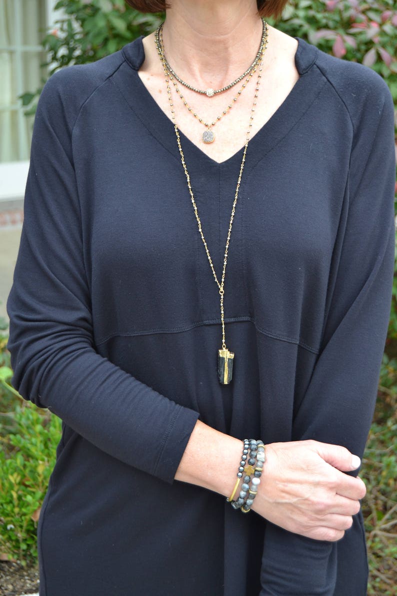 Long Faceted Pyrite Rosary Chain Necklace with Black Tourmaline Pendant