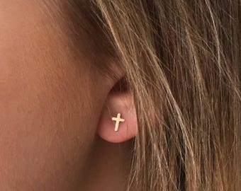 Dainty Cross Earrings | 14k Gold Filled Cross Earrings | Sterling Silver Cross Studs | Minimalist Earrings | Baptism or Confirmation Gift