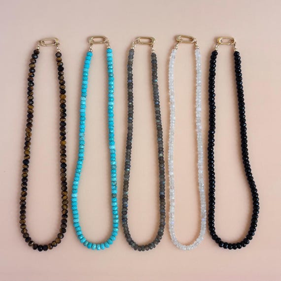 Gemstone Necklace with Carabiner Clasp Gemstone Beaded Charm Necklace Turquoise Bead Necklace Moonstone Onyx Tigers Eye Labradorite Necklace