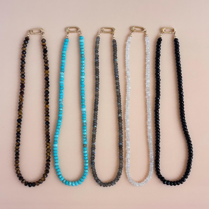 Gemstone Necklace with Carabiner Clasp Gemstone Beaded Charm Necklace Turquoise Bead Necklace Moonstone Onyx Tigers Eye Labradorite Necklace immagine 1