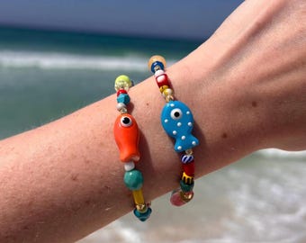 Fish Bracelet Coastal Jewelry Summer Bracelet Gift Idea for Teen Girl Colorful Beaded Beach Bracelet Boho Jewelry Sardine Dopamine Jewelry