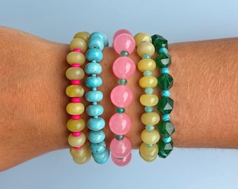 Summer Bracelet Stack Turquoise Bracelet Pink and Green Beaded Bracelet Colorful Bead Bracelet Teen Girl Gift Idea Festival Dopamine Jewelry
