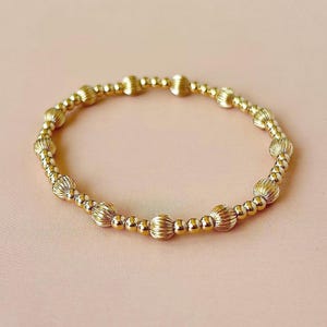 14k Gold Filled Bead Bracelet Corrugated Gold Ball Bracelet Gold Filled Stretch Bracelet Non Tarnish Stacking Bracelet with Fluted Beads