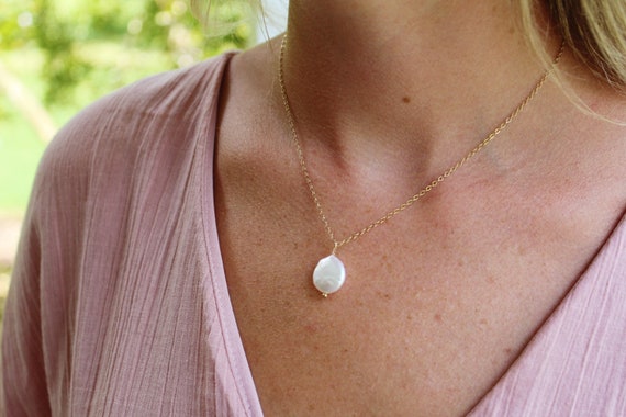 Coin Pearl Necklace Coin Pearl Pendant on 14k Gold Filled Chain Dainty Freshwater Pearl Necklace Layering Necklace Etsy
