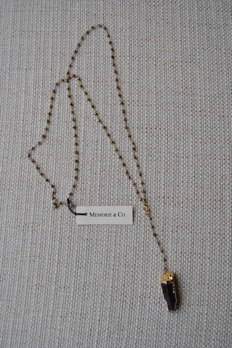 Long Faceted Pyrite Rosary Chain Necklace with Black Tourmaline Pendant