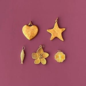 May include: A collection of five gold-toned metal charms featuring a heart, a five-pointed star, a small fish, a five-petaled flower with textured details, and a circular floral-shaped charm with a central stone and beaded edges.