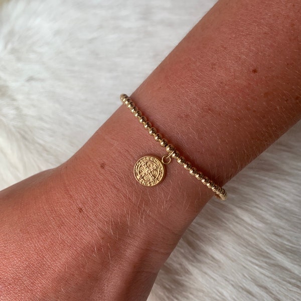 Small St Benedict Charm Bracelet | 14K Gold Filled Bead Bracelet | Gold Beaded Stretch Bracelet
