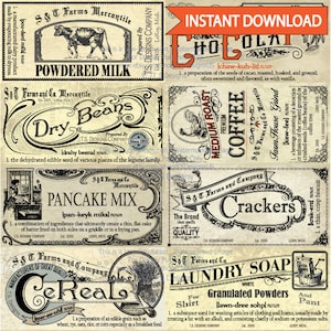 Vintage Canister Labels Set Instant Download- Antique Decor, Farmhouse, Country, Pantry Labels, Organization, Canister,