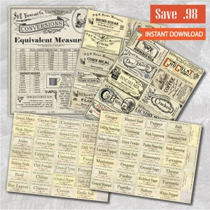 Vintage Pantry Labels Collection Instant Download - Antique Decor, Farmhouse, Country, Pantry Labels, Organization, Canister, Printables