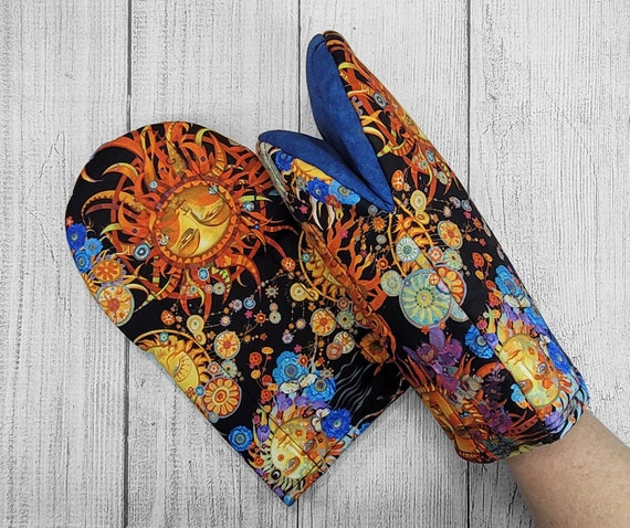 Boho Hippy Suns Oven Mitts Puppet Style or Shark Bite Style Fully Insulated