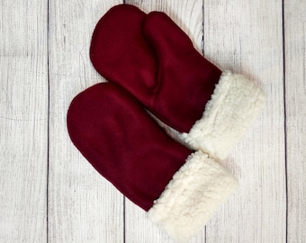 Maroon Red Santa Mittens/Double Layer Fleece/Very Warm/Sherpa Cuff/ ts designs us
