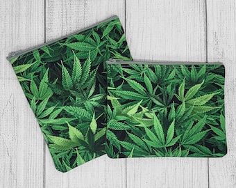 Cannabis Reusable Sandwich and Snack Bag Set, stash bag, many fabric choices, Makeup Bag or Toiletry Bag  Washable Zipper Pouch