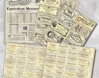 Colección de etiquetas de despensa antiguas en papel: etiquetas para especias, decoración antigua, etiquetas de despensa antiguas, organización, botes