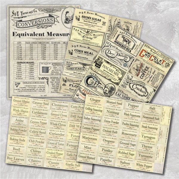 Vintage Pantry Labels Collection Hardcopy- Spice Labels, Antique Decor, Vintage Pantry Labels, Organization, Canisters