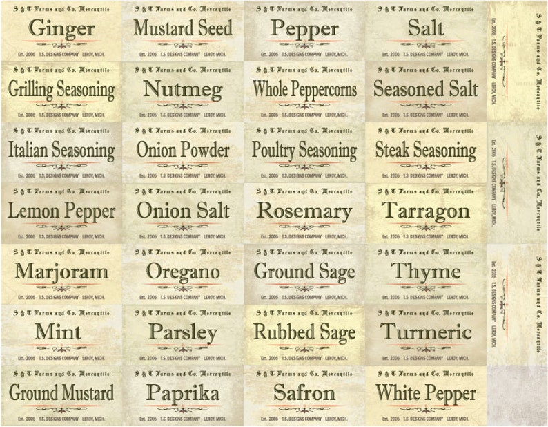 Antique Decor Vintage Styled 62 Spice Label Set