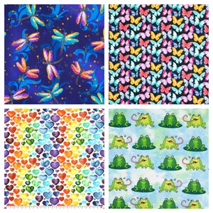 May include: Four different fabric patterns. The first pattern is a blue background with gold stars and a repeating pattern of colorful dragonflies. The second pattern is a black background with a repeating pattern of colorful butterflies. The third pattern is a white background with a repeating pattern of colorful hearts. The fourth pattern is a blue background with a repeating pattern of green frogs with their tongues sticking out.
