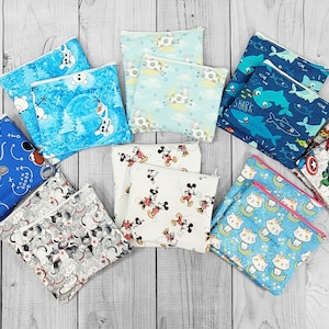 Kids Reusable Lunch Bag Set many fabric choices, Sandwich Bag or Snack Bag  Washable Zipper Pouch, Back to School