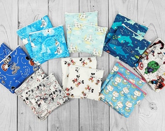 Kids Reusable Lunch Bag Set many fabric choices, Sandwich Bag or Snack Bag  Washable Zipper Pouch