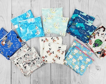 Kids Reusable Lunch Bag Set many fabric choices, Sandwich Bag or Snack Bag  Washable Zipper Pouch, Back to School