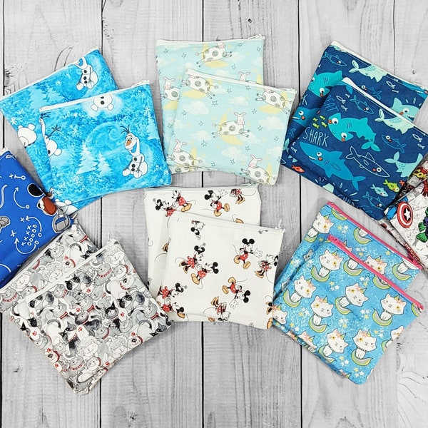 Kids Reusable Lunch Bag Set many fabric choices, Sandwich Bag or Snack Bag  Washable Zipper Pouch