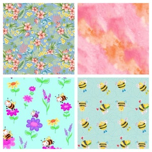 May include: A digital collage of four different patterns. The top left pattern is a floral design with pink and yellow flowers on a light blue background. The top right pattern is a pink and orange watercolor design. The bottom left pattern is a light blue background with pink, yellow, and purple flowers and bees. The bottom right pattern is a light blue background with yellow bees and hearts.