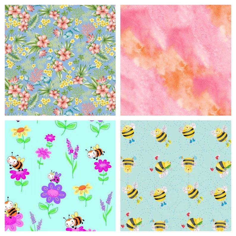 May include: A digital collage of four different patterns. The top left pattern is a floral design with pink and yellow flowers on a light blue background. The top right pattern is a pink and orange watercolor design. The bottom left pattern is a light blue background with pink, yellow, and purple flowers and bees. The bottom right pattern is a light blue background with yellow bees and hearts.