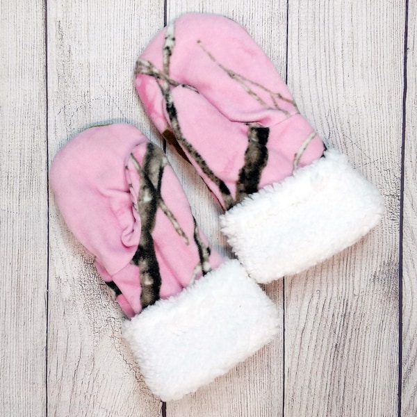 Pink Camo  Mittens/Double Layer Fleece/Very Warm/Sherpa Cuff/ ts designs us