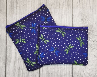 Dragonfly Reusable Sandwich and Snack Bag Set many fabric choices, Makeup Bag or Toiletry Bag  Washable Zipper Pouch