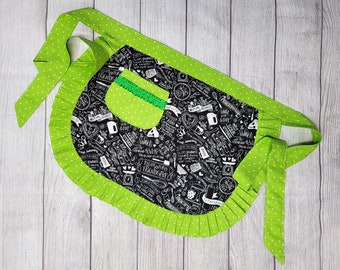 Lime Green and Black Cooking Friendship Apron with Ruffles and Frills