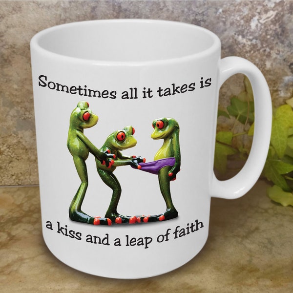 Leap of Faith Frogs Mug- Frog Collectors, Cute Froggies, Frog Lovers, Frog Decor, Sexual Innuendo Mug, Frog Coffee Cup, Cute Animal Cup