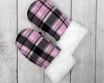 Pink Plaid Santa Mittens/Double Layer Fleece/Very Warm/Sherpa Cuff/ ts designs us