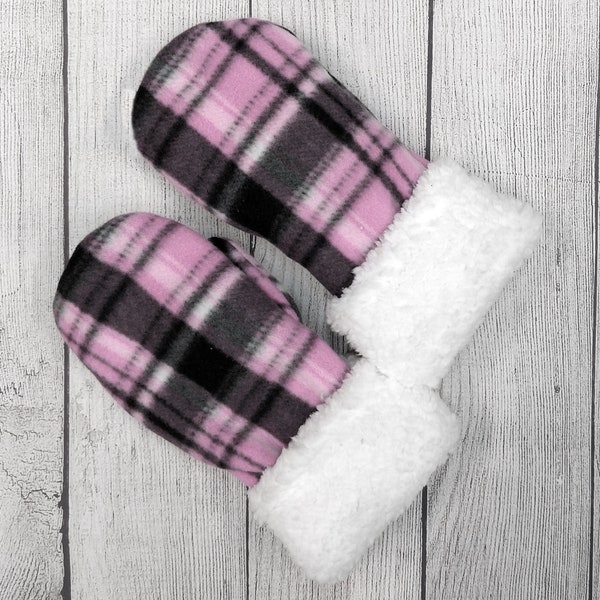 Pink Plaid Santa Mittens/Double Layer Fleece/Very Warm/Sherpa Cuff/ ts designs us