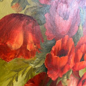 May include: Close-up of a floral painting featuring vibrant red poppies and other flowers. The artwork showcases a palette of red, pink, and green hues, with a focus on the textured brushstrokes and the interplay of light and shadow.