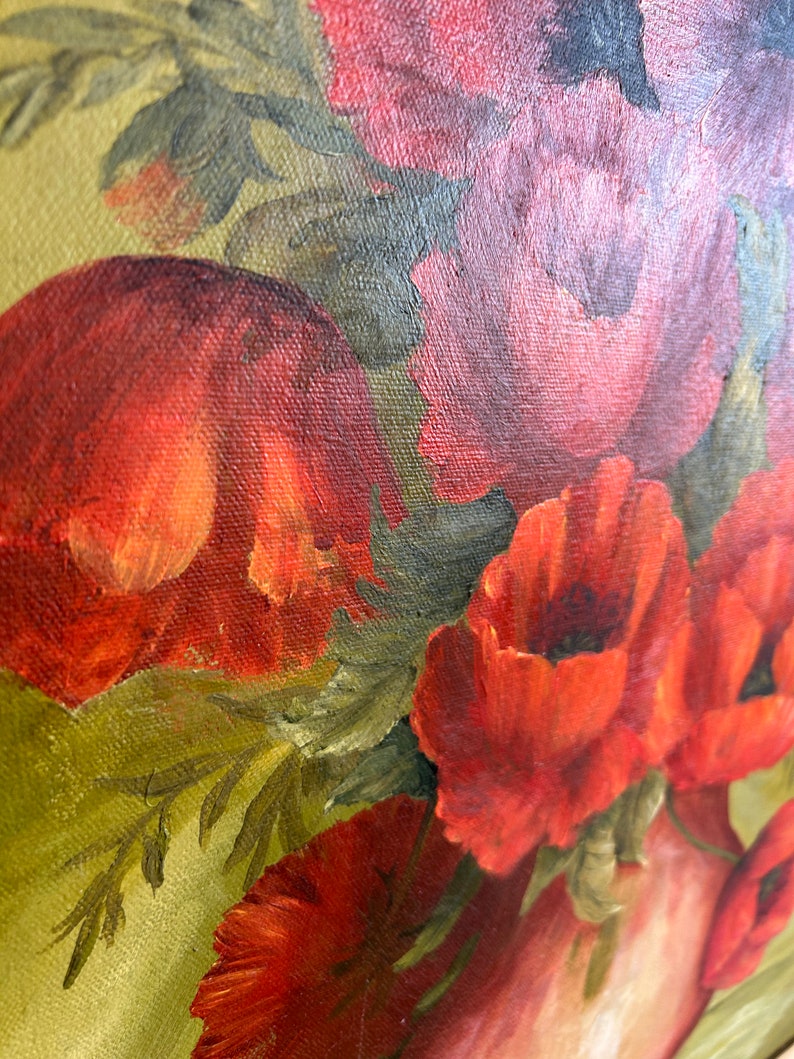 May include: Close-up of a floral painting featuring vibrant red poppies and other flowers. The artwork showcases a palette of red, pink, and green hues, with a focus on the textured brushstrokes and the interplay of light and shadow.