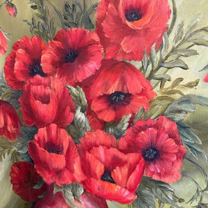 May include: A vibrant painting of a bouquet of red poppies in a pink vase. The flowers have dark centers and are surrounded by green leaves. The background is a soft, muted green.