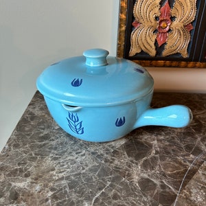 Vintage 1950’s USA Cronin Blue ovenware beautiful blue pottery with  cover, handled, tulip design, MCM pottery, mid century kitchen