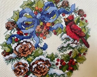 Vintage Framed Christmas Needlepoint, Cardinal & Holiday Wreath