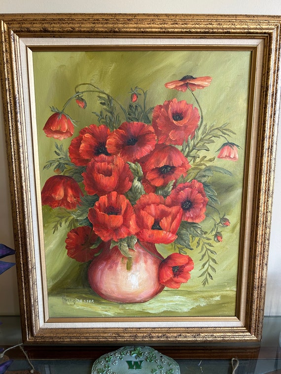 Vintage Original Marguerite Messer Acrylic Painting, Still Life on Canvas,  flowers and Vase, Mid Century Wall Art, collectible MCM art