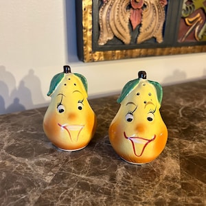 Vintage Anthropomorphic salt and pepper shaker set, pear face, mid century shakers, made in Japan with original cork stoppers,