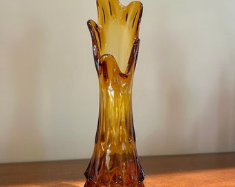 Vintage Mid Century Dark Amber Swung Vase, MCM Five Finger Collectible Vase
