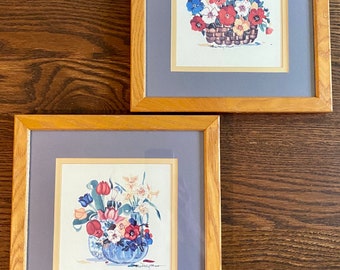 Vintage Patricia Schilling-Stewart Floral Watercolor Art, Framed and Matted, Set of 2