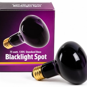 May include: A 75 watt, 120V blacklight spot bulb with a standard base, featuring a dark purple glass finish and a gold-colored metal screw base. The bulb is displayed in front of its purple packaging box labeled Blacklight Spot.