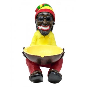 17&quot; Rasta Jamaican Man Holding Large Round Bowl Polyresin Ashtray J3