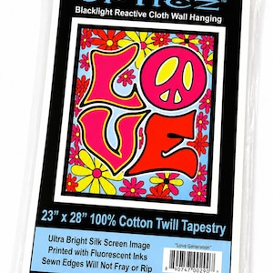 May include: A blacklight reactive cloth wall hanging with the word "LOVE" in bright pink and red, with a peace sign and flowers on a light blue background. The tapestry is 23" x 28" and made of 100% cotton twill.