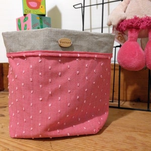 Pocket tray/Storage basket Linen/Pink dotted cotton voile
