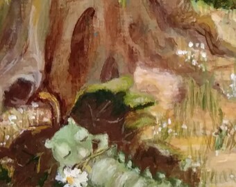 Aceo Original Fantasy Art Day Dreaming Caterpillar