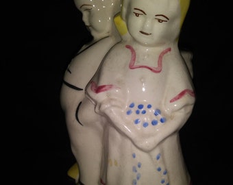 Vintage White Planter Man Woman With Painted Details, 1940,s -1950's