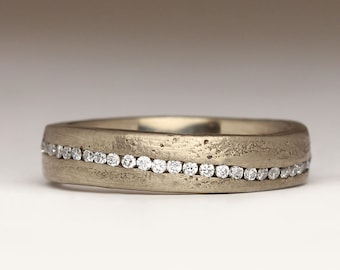 Flat 14ct White Gold Diamond Eternity Ring, Offset Wave Channel, Asymmetrical Diamond Ring - Ethically Sourced Certified Diamonds